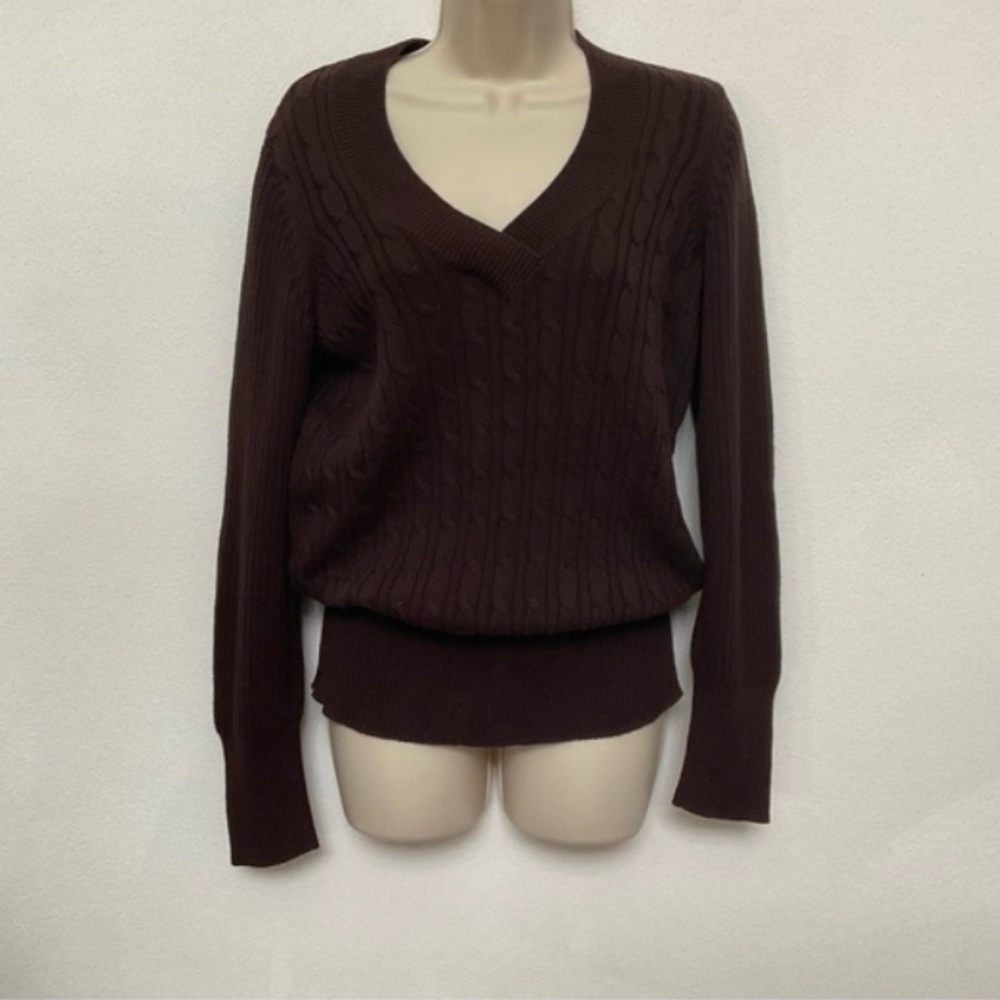 Vintage Faded Glory Brown Cable Knit Sweater XL V-Neck Cotton Chunky Pullover